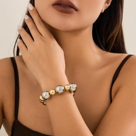 Statement Gold Beaded Bracelets for Women Strand Tarnish Chunky Dainty Link Stackable Beads ball Bracelet - Gold & Silver