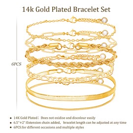 FANCIBAND Gold Bracelets For Women Dainty 14k Gold Plated Bracelet Set Bead Paperclip Rope Figaro Box Herringbone Chain Stackable Bracelets Women Jewelry For Gifts
