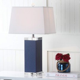 Safavieh Lighting Collection Deco Navy Leather 27-inch Bedroom Living Room Home Office Desk Nightstand Table Lamp (LED Bulb Included)