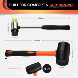 16oz Rubber Mallet Hammer Set with 35mm Double Faced Soft Rubber Mallet with Fiberglass Handle, TPR Grip, Solid Head, 2 Piece Black Set for Camping, Flooring, Woodworking & Tent Stakes
