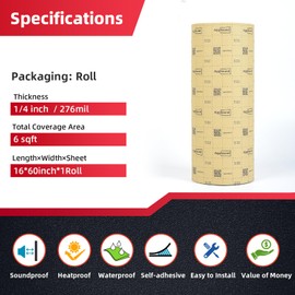 AggSound 1/4inch Thickened Sound Deadener for Multiple Use,High Density Foam with Adhesive,for Car, Boat, RV Shield Insulation Dampening Mat, 16" x 60" x1/4"
