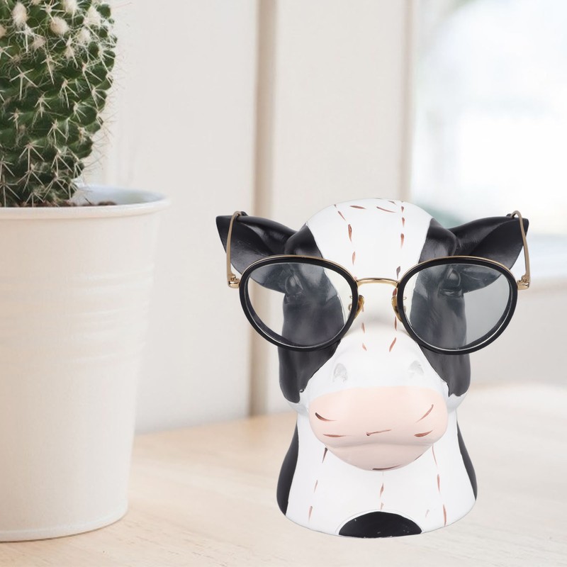 Black White Cow Head Wearing Glasses Statues Resin Stable Glasses