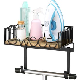 SRIWATANA Ironing Board Hanger Wall Mount, Laundry Room Iron and Ironing Board Holder, Laundry Room Organization and Storage with Large Storage Wood Base Basket (Carbonized Black)