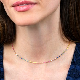 Diamond Treats Dainty Necklace with Colorful Beads Made of Gold Plated 925 Sterling Silver, Multicolor Pearl Necklace for Women and Teens with Colorful Beads, Colorful Link Necklace for Her, Sterling