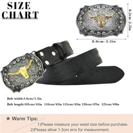 PACDE Western Cowboy Cow Head Flower Embossed Leather Men Belt Fashion Cow Head Buckle Jeans Causal Pants Men Belt(Black,for40-41" waist size)