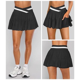 Hragc - Falda de tenis plisada con volantes para mujer, cintura alta, mini golf, atlética, con bolsillos cortos, Negro -, Small