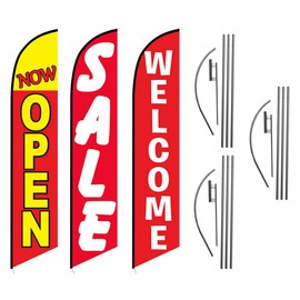 Now Open Sale Welcome Advertising Feather Flag Kits Package, Includes 3 Banner Flags, 3 Flag Poles, and 3 Ground Stakes by Feather Flag Nation
