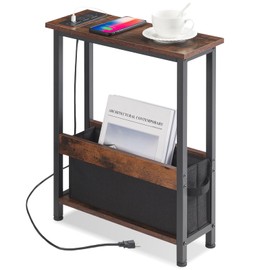 Narrow Side Table with Charging Station and Storage Drawer, Small Couch Side Table for Small Spaces Slim End Table with Magazine Holder Rack Living Room Skinny Nightstand Thin Bedside Table Bedroom