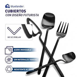 Bluelander Juego de Cubiertos, Acero Inoxidable, Diseño Futurista, Set 4 Piezas, Acabado Mate, Servicio para 1 Persona, Perfectos Todo Tipo de Evento 
