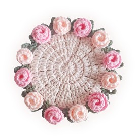 Crochet Pink Rose Floral Coaster 1-Pack - 5.1" Light Pink Handmade Unique Fabric Coaster for Drinks Desk