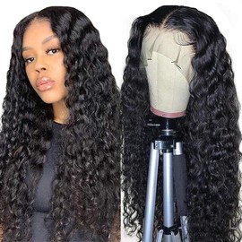 UMEGIRL Water Wave Lace Front Wigs Human Hair 13x4 Lace Fontal Wigs Human Hair Curly Wig for Women 150 Density (Natural Black Water Wave Wig, 26 Inches)