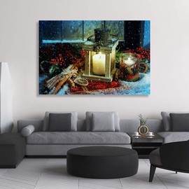 Looife Merry Christmas Canvas Wall Art, 36x24 Inch Xmas Candles Decoration with Snow Picture Prints Artwork Wall Decor, Gallery Wrapped Art Deco for Gift Choice