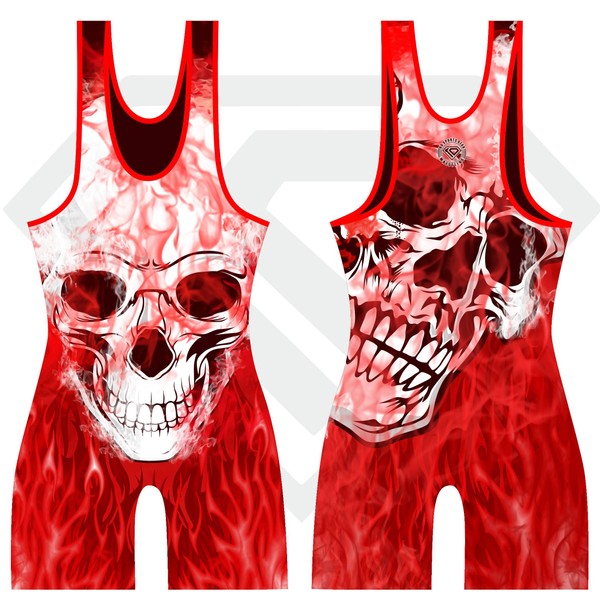 KO Sports Gear Wrestling Singlet Red Flaming Skull (Adult M : 110-140 lbs)