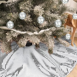 Realspring 36inch Silver Christmas Tree Skirt Disco Xmas Tree Mat Sequin Bling Christmas Tree Skirt for Christmas Tree Decorations Ornaments Festival Holiday Party(48 Inch)