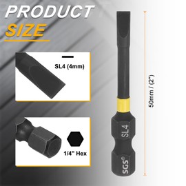 HARFINGTON 2pcs SL4 Slotted Impact Screwdriver Bits 4mm Slotted Tip 1/4" Hex Shank 50mm (2") Long Magnetic Flat Head Phosphated S2 Steel Screw Driver Drill Bits Electric Power Tool