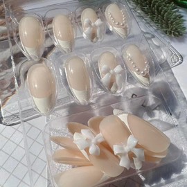 24Pcs White French Press on Nails Short Almond,Pearl White Bow knot False Nails Manicure Art Acrylic Medium French Pearls Press on Nail Bow Nail Charms Designs Fake Nails Stick on Nails for Women