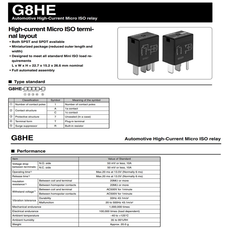 2Pcs Automotive Relay G8HE-1C7T-R1-DC12 20A 5Pins 12VDC SPDT