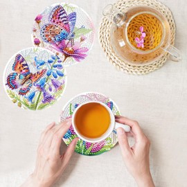 TDOOW Diamond Art Painting Coasters Kit, 8 Pcs Colorful Butterfly Diamond Art Coasters with Holder, DIY Diamond Painting for Beginners