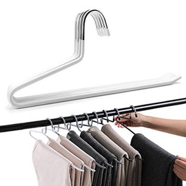 PJJXMY Pants Slack Trousers Hangers, Space Saving Slim Strong and Durable Anti-Rust Chrome Metal Hangers, Open Ended Design for Easy-Slide Pant, Jeans, Skirt, Slacks Etc (White, Pack of 50)