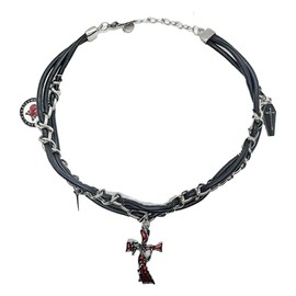 QINHE Gothic Leather Choker Necklace with Cross Pendant, Metal Chain and Rivets, Black and Silver