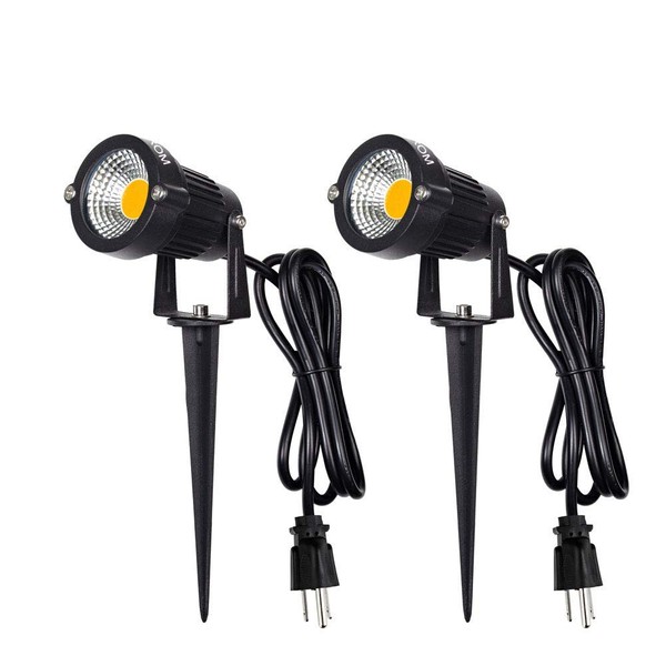 WEYANG Landscape Outdoor,IP65 Waterproof Garden Spotlights,5W AC 120V Yard Flood Light,Metal Ground Stake Lawn,3200K LED Spotlight with 1.5M UL-Listed Cord and 3-Plug (2 Packs)