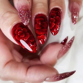 24Pcs Red Rose Press on Nails Short Almond Fake Nails with Romantic Rose Designs, Red Gradient Gel Glue on Nails Glossy Glitter Acrylic False Nails Reusable Stick on Nails for Women Girls
