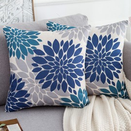 HomeStilez Cushion Cover 45 x 45 cm Dahlia Farmhouse Decorative Cushion Cover Spring Summer Decorative Blue and Grey Soft Decorative Cushion Covers for Sofa Bedroom Outdoor