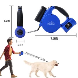 360° Tangle-Free Retractable Dog Leash with Flashlight, Dispenser and Poop Bag Heavy-Duty Nylon Tape for Small, Medium Dogs and Cats One-Handed Brake and Lock, Blue