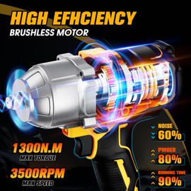 Zekkip 1/2 inch Cordless Impact Wrench, 958Ft-lbs (1300N.m) High Torque Brushless Impact Gun, 3500RPM, 2x4000mAh Battery, Fast Charger & 5 Sockets, Electric Impact Wrench for Car, Pickup, Mower