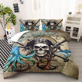 AILONEN 3D Pirate Captain Skull Comforter Set Queen Size, Octopus Dolphin Bedding Set for Kids Boys Girls,Nautical Theme Bed in a Bag Duvet Set,1 Quilt and 2 Pillowcases,3PCS