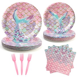 UVTQSSP 96Pcs Party Plates, Mermaid Theme Birthday Plates and Napkins Party Supplies, Mermaid Disposable Tableware Sets for Birthday Baby Shower, Serve for 24 Guests, Pink and Purple