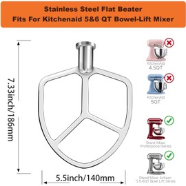 Stainless Steel Flat Beater Replacement for kitchenAid 5qt-6qt, Bowl-Lift Stand Mixer Accessories Fit for Professional 5 Plus and 600 Seris Mixers, Heavy Duty and Dishwasher Safe