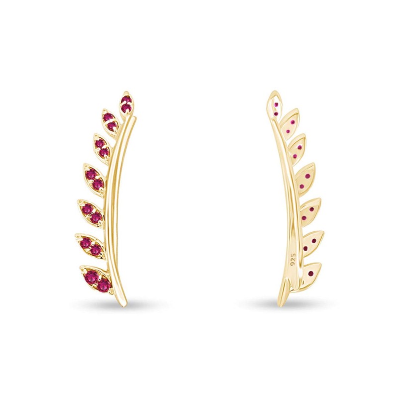 Simulated Ruby Ear Crawler Cuff Earrings 14k Yellow Gold Over
