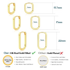 Roheafer 3 Pairs Sterling Silver Hoop Earrings for Women, Hypoallergenic 14K Gold Plated Paperclip Huggie Earrings for Multiple Piercing, Small Chunky Drop Hoops Earring