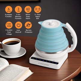 Ultrathin Food Grade Silicone Travel Foldable Electric Kettle Variable Temperature Control with Dual Voltage, Auto Shutoff & Boil Dry Protection & Keep Warm, 555ML 110-220V US Plug (Blue)
