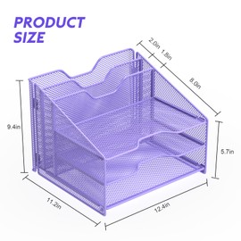 Samstar Purple Desk File Organizer, Mesh Letter File Folder Holder with 3 Paper Trays and 2 Vertical Upright Section, for Office Supplies, Desk Accessories & Workspace, Purple