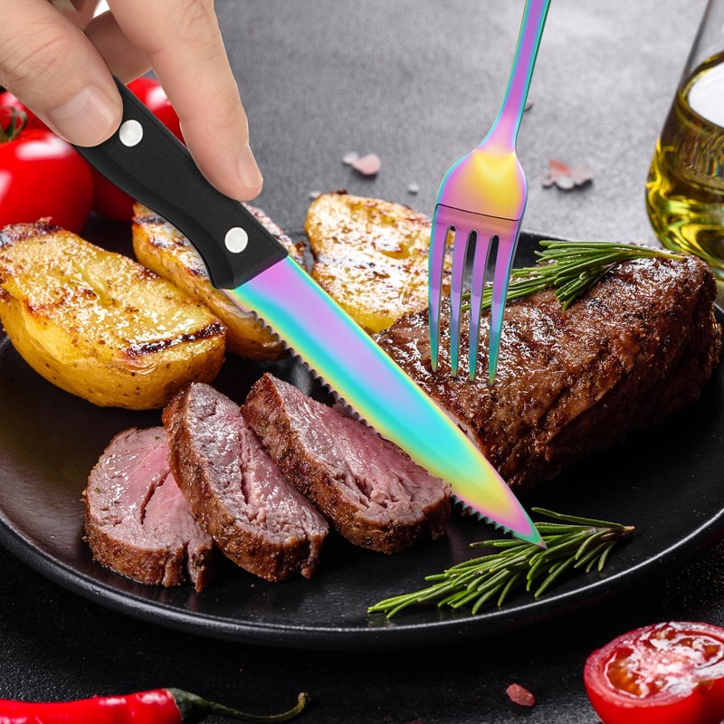 KOOMADE Rainbow Silverware Sets with Steak Knife - 24 PC