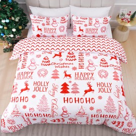 FRAMICS Christmas Duvet Cover Queen Size 3 Pieces Snowman Christmas Tree Queen Duvet Cover Set with 2 Pillow Shams Red Christmas Comforter Cover with Zipper Closure Christmas Bedding Set,90" x 90"