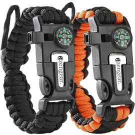 aZengear Paracord Survival Bracelet (2 Pack) | Flint Steel Fire Starter, Compass, Whistle,Hiking Accessories, Wild Camping Equipment Kit, Bushcraft, Emergency (Black and Orange)