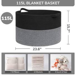 INDRESSME 115L Extra Large Cotton Rope Blanket Basket, Woven Basket for Toy Storage Organizer & Laundry Toy Box for Living Room Area & Nursery Room, Black & Grey
