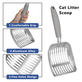 YUANFEIKL Cat Litter Scoop Litter Box Scooper, Aluminum Alloy Kitten Poop Shovel, Small Metal Sifter with Long Soft Handle, Durable Deep Shovel Pooper Lifter with Holes 11.02" x 4.13" (Grey)