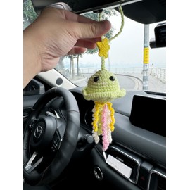 Bunny Crochet American Flag Car Rear View Mirror Holder, Cute Car Hanging Ornament, Independence Day Gift, Crochet Lovely Ornament, Automotive Interior Decorations (Green Jellyfish)