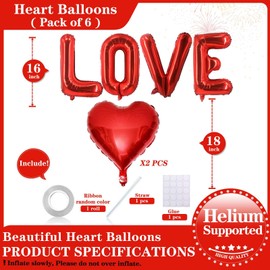 16 Inch Red Love Red Heart Balloons, 6 Pcs Red Love Letters Balloons Red Heart Valentine's DAY Balloons Banner for Valentine's DAY Wedding Ceremonies Party Decorations Red Love