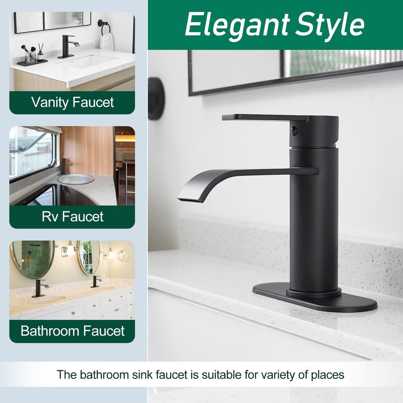 VOTON Matte Black Waterfall Bathroom Faucet, Single Handle 1 or