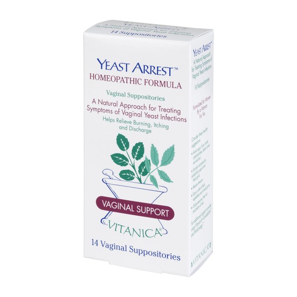 Vitanica Yeast Arrest, Homeopathic Vaginal Suppositories, for Yeast Infection Symptoms, Relieves Burning, Itching & Discharge, with Boric Acid, Tea Tree Oil & Probiotics, Vegan (Pro Logo, 14ct)