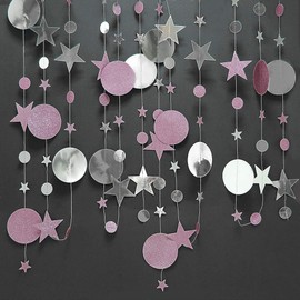 Glitter Pink Silver Circle Dot Garland Twinkle Little Star Decoration Polka Dots Streamer Backdrop Banner Girls Birthday Party Decor/Baby Shower/Wedding/Engagement/Anniversary/Sweet 16/Bridal Shower