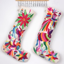 YZXDORWJ 2 Pack Mexican Embroidered Christmas Stockings 18 Inches Otomi Animals Colorful Floral for Family Holiday Decor (C3+C1)