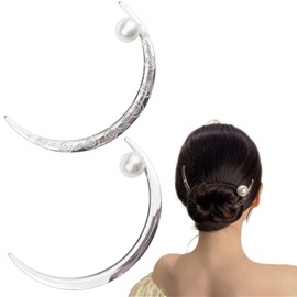 2 PACK Moon Hairpin Flower Hair Stick Moon Barrette Crescent Moon Hair Fork White Pearl Moon Hair Clip Hair Accessories for Women Girl Bridal Headwear Hair Styling