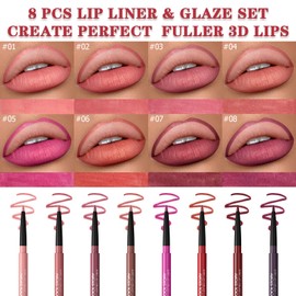 8 Colour Matte Lip Liner Set, 8 Pcs Set, Waterproof Long Lasting Lip Liner Pencil, High Pigmented Natural Lip Makeup, Plumping Lip Definer Pencil, Brown Lipliner Pencil for Women