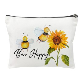 Cokosoxo Bee Happy Makeup Bag Inspirational Cosmetic Toiletry Organizer Bags Cute Zipper Pouch for Purse Bee Lover Birthday Gift